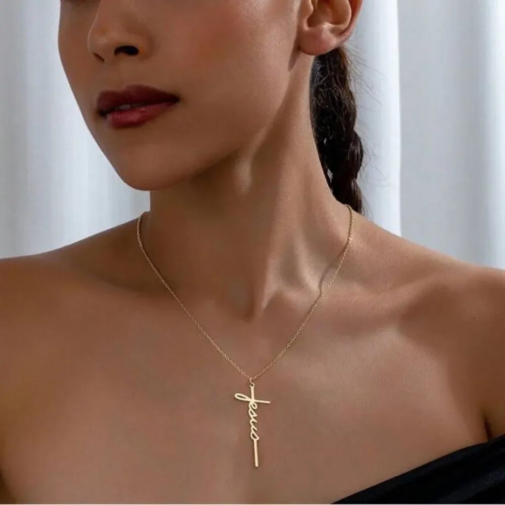 3for$20 1pc Cross And Jesus Pendant Necklace, yellow gold color  Jewelry Gift
